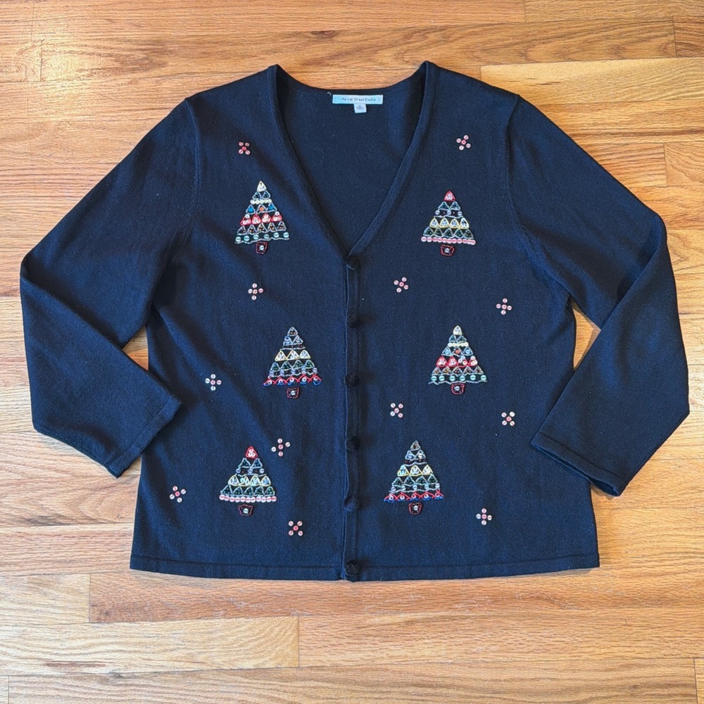 Mercer Street Studio Womens XL Black Bead Christmas Tree Cardigan Sweater V-Neck